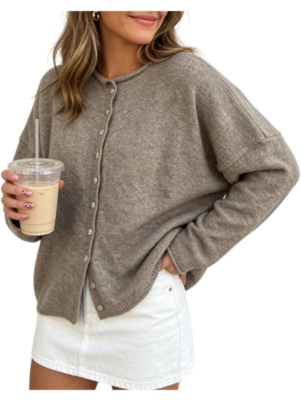 Women's Dark Brown Stripes Cardigans Long Sleeve Button Down Loose Top Sweaters